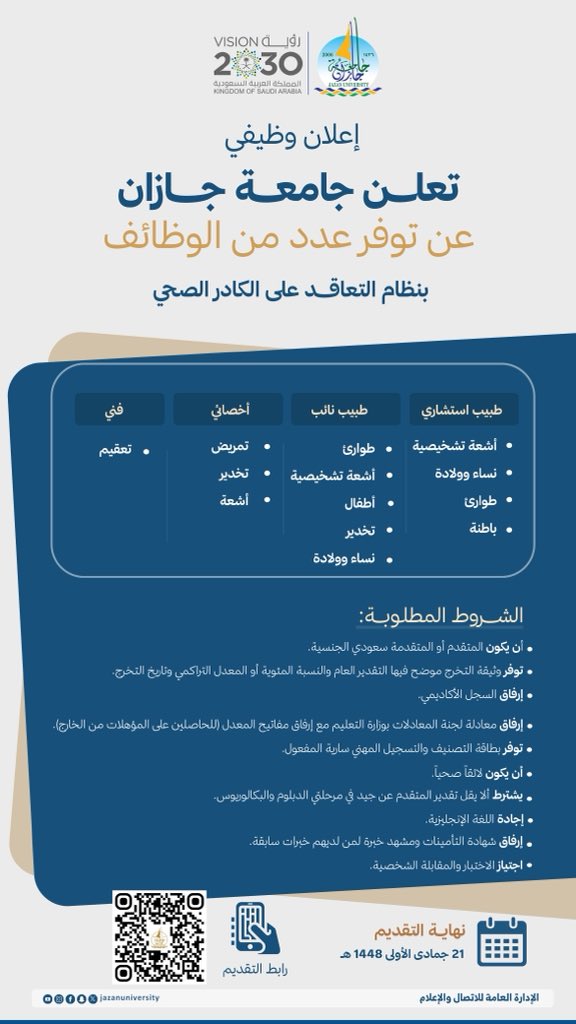 جامعة جازان تطرح وظائف صحية للسعوديين عبر «جدارات»