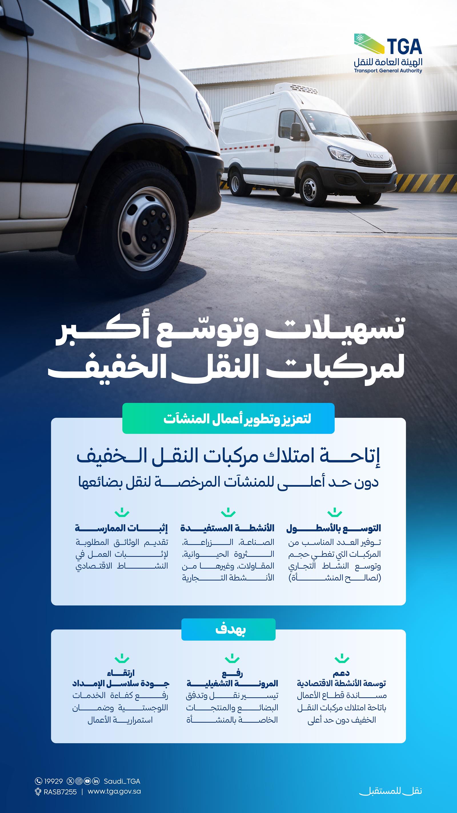 هيئة النقل توسع مرونة امتلاك مركبات النقل الخفيف للمنشآت